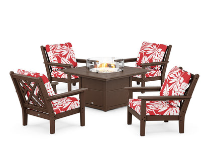 POLYWOOD® Chippendale 5-Piece Deep Seating Set with Fire Pit Table in Mahogany / Leaf Crimson
