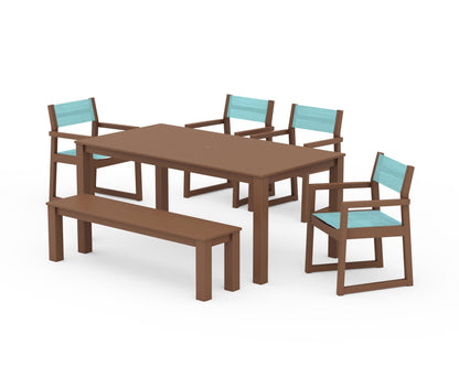 POLYWOOD® EDGE Sling Arm Chair 6-Piece Parsons Dining Set with Bench in Teak / Dupioni Aquamarine Sling
