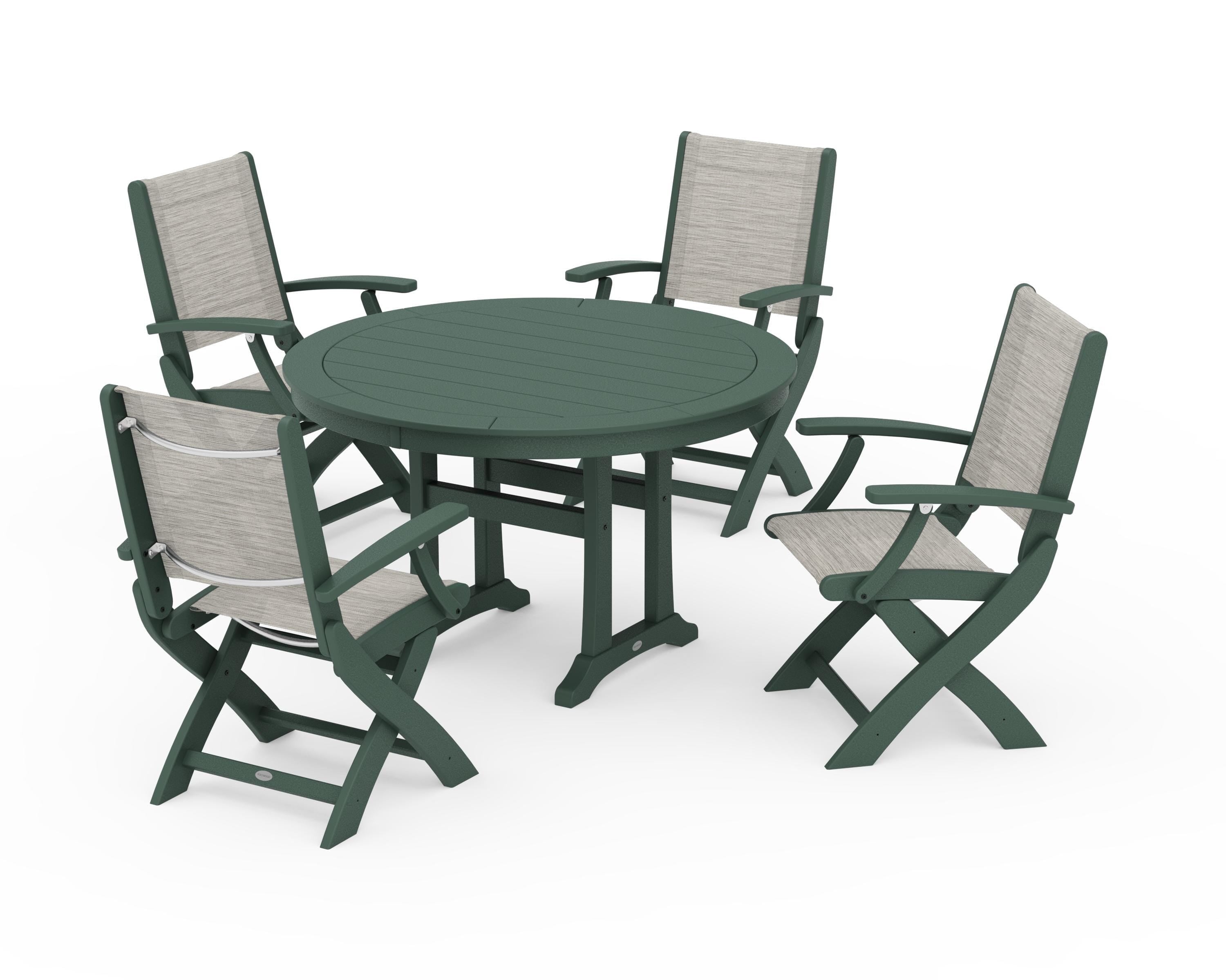 POLYWOOD® Coastal Folding Chair 5-Piece Round Dining Set with Trestle Legs in Green / Birch Sling