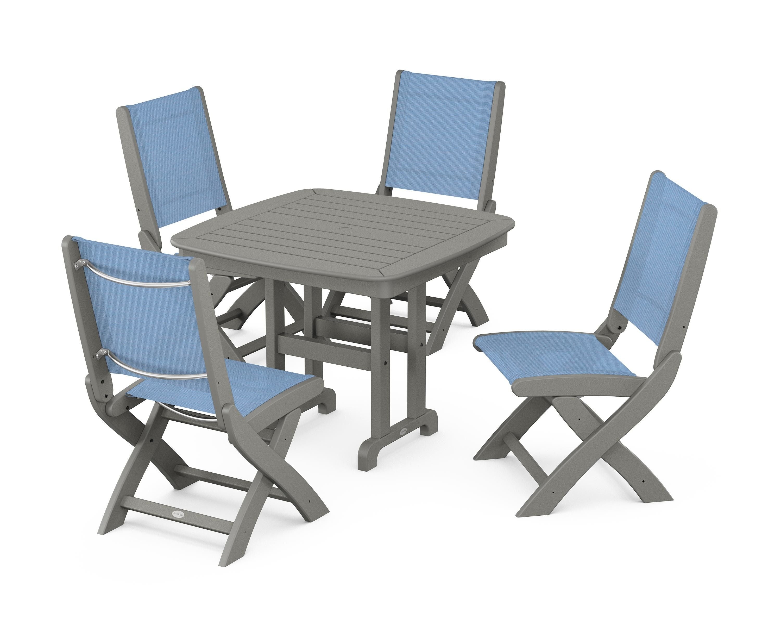 POLYWOOD® Coastal Folding Side Chair 5-Piece Dining Set in Slate Grey / Poolside Sling