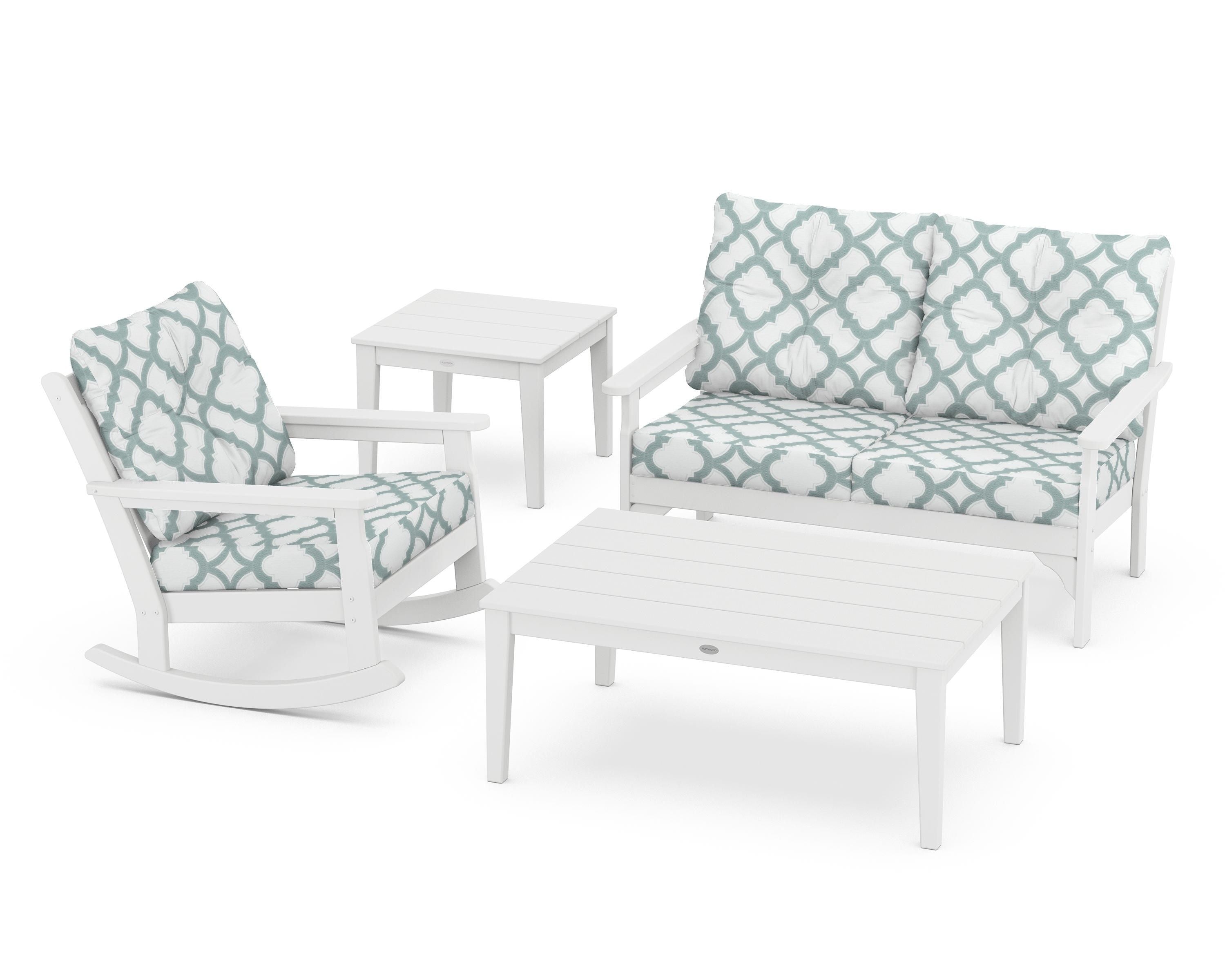 POLYWOOD® Vineyard 4-Piece Deep Seating Rocker Set in White / Trellis Glacier Spa