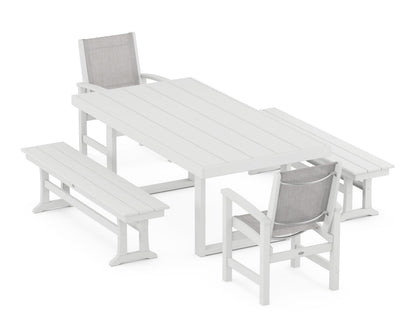 POLYWOOD® Coastal 5-Piece Dining Set with Trestle Legs in White / Parchment Sling