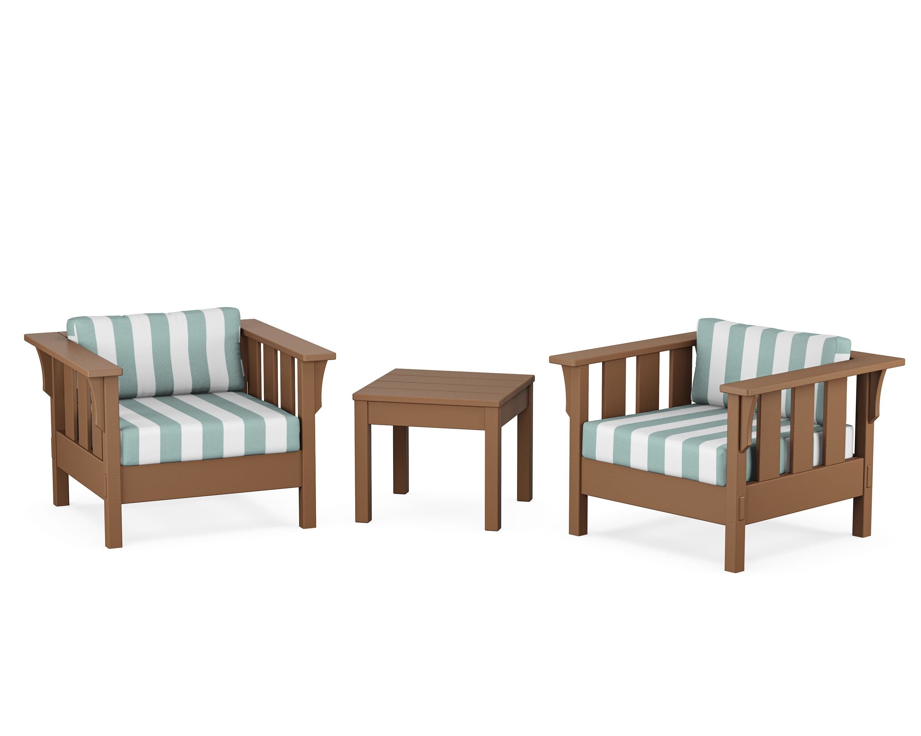 Martha Stewart by POLYWOOD® Acadia 3-Piece Deep Seating Set in Teak / Cabana Stripe Glacier Spa