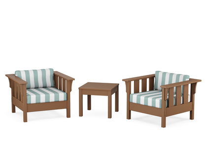 Martha Stewart by POLYWOOD® Acadia 3-Piece Deep Seating Set in Teak / Cabana Stripe Glacier Spa