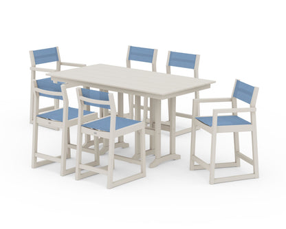 POLYWOOD® EDGE Sling 7-Piece Farmhouse Counter Set with Trestle Legs in Sand / Poolside Sling