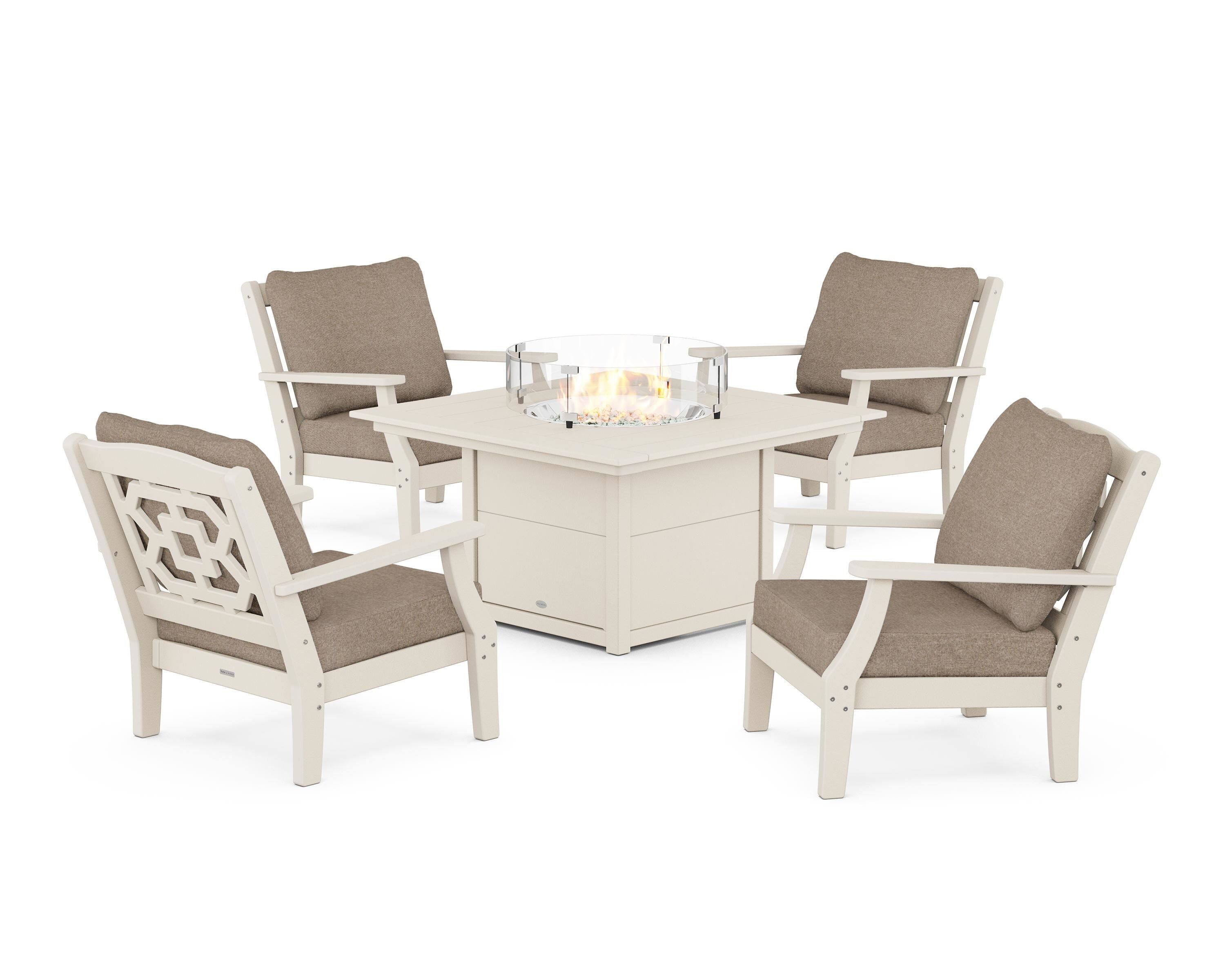 Martha Stewart by POLYWOOD® Chinoiserie 5-Piece Deep Seating Set with Fire Pit Table in Sand / Spiced Burlap