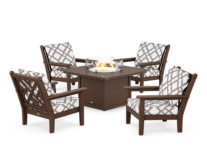 POLYWOOD® Chippendale 5-Piece Deep Seating Set with Fire Pit Table in Mahogany / Trellis Grey Mist
