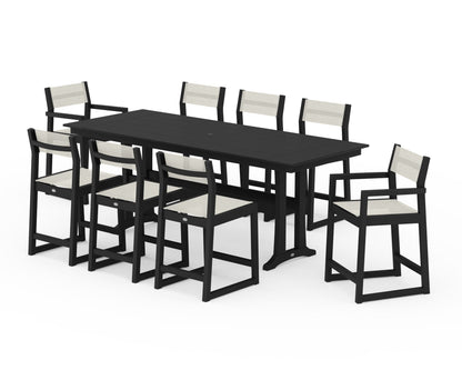 POLYWOOD® EDGE Sling 9-Piece Farmhouse Counter Set with Trestle Legs in Black / Parchment Sling