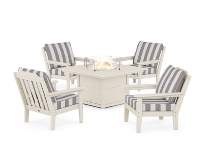 Country Living Cottage 5-Piece Deep Seating Set with Fire Pit Table in Sand / Cabana Stripe Grey Mist