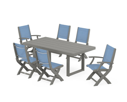 POLYWOOD® Coastal Folding Chair 7-Piece Dining Set with Trestle Legs in Slate Grey / Poolside Sling