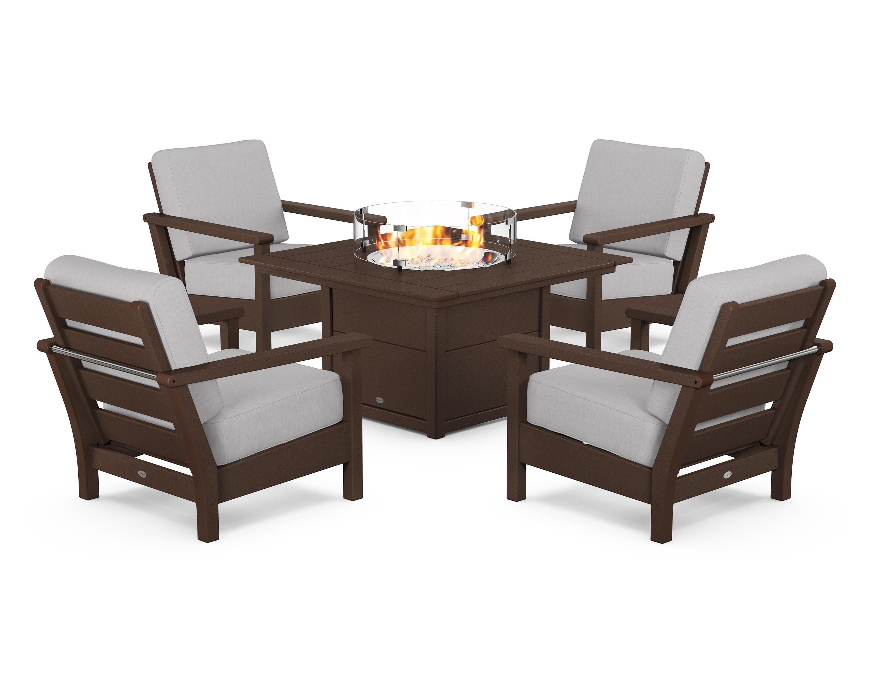 POLYWOOD® Harbour 5-Piece Conversation Set with Fire Pit Table in Mahogany / Granite