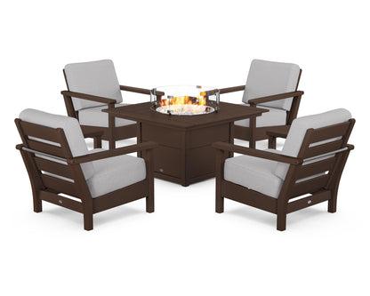POLYWOOD® Harbour 5-Piece Conversation Set with Fire Pit Table in Mahogany / Granite