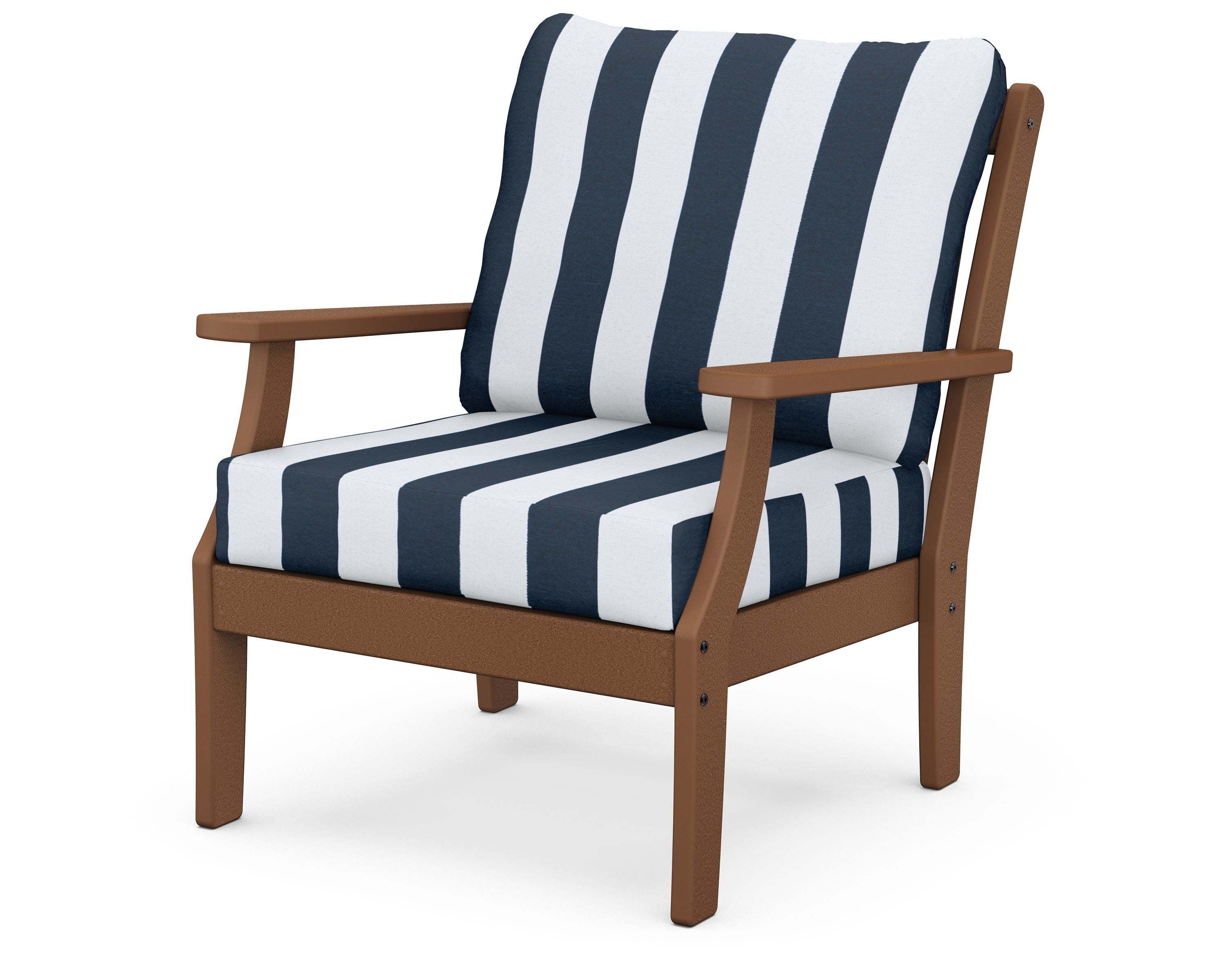 POLYWOOD® Braxton Deep Seating Chair in Teak / Cabana Stripe Marine Indigo