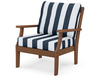 POLYWOOD® Braxton Deep Seating Chair in Teak / Cabana Stripe Marine Indigo
