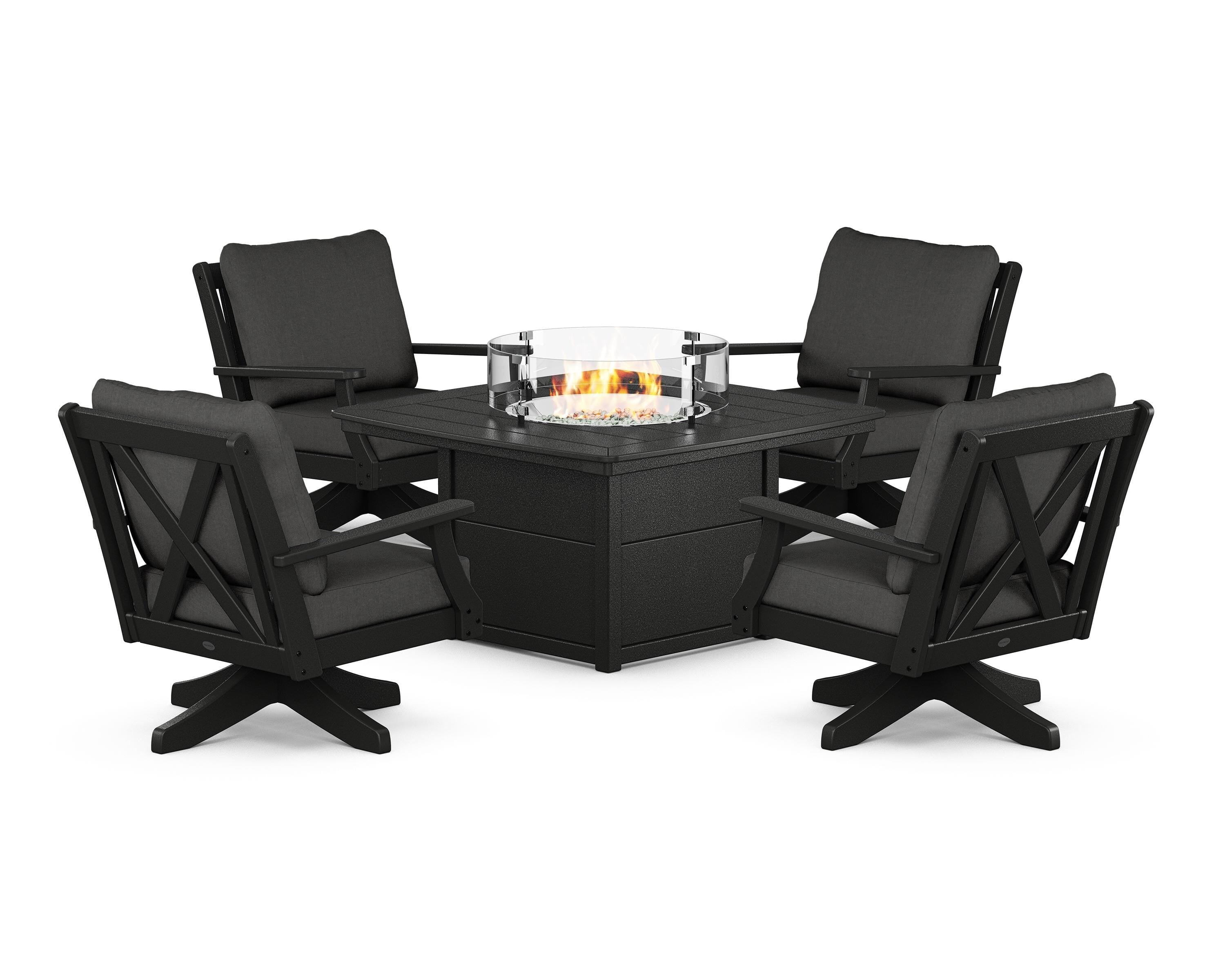 POLYWOOD® Braxton 5-Piece Deep Seating Swivel Conversation Set with Fire Pit Table in Black / Spectrum Carbon