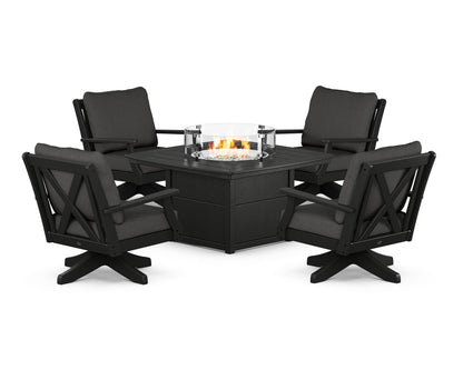 POLYWOOD® Braxton 5-Piece Deep Seating Swivel Conversation Set with Fire Pit Table in Black / Spectrum Carbon