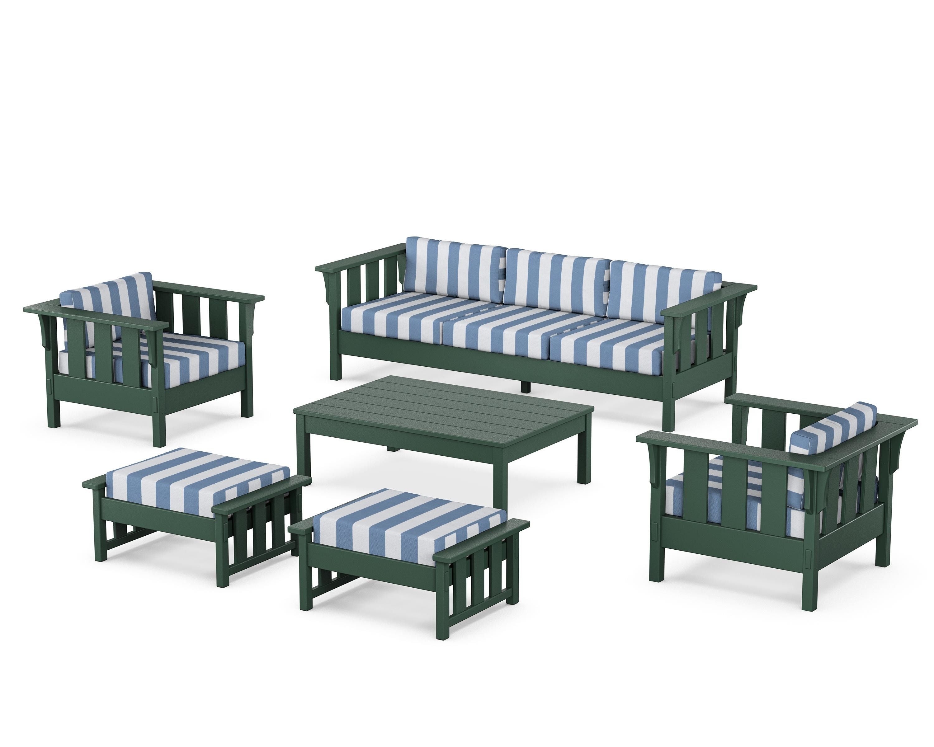 Martha Stewart by POLYWOOD® Acadia 6-Piece Lounge Sofa Set in Green / Cabana Stripe Sky Blue