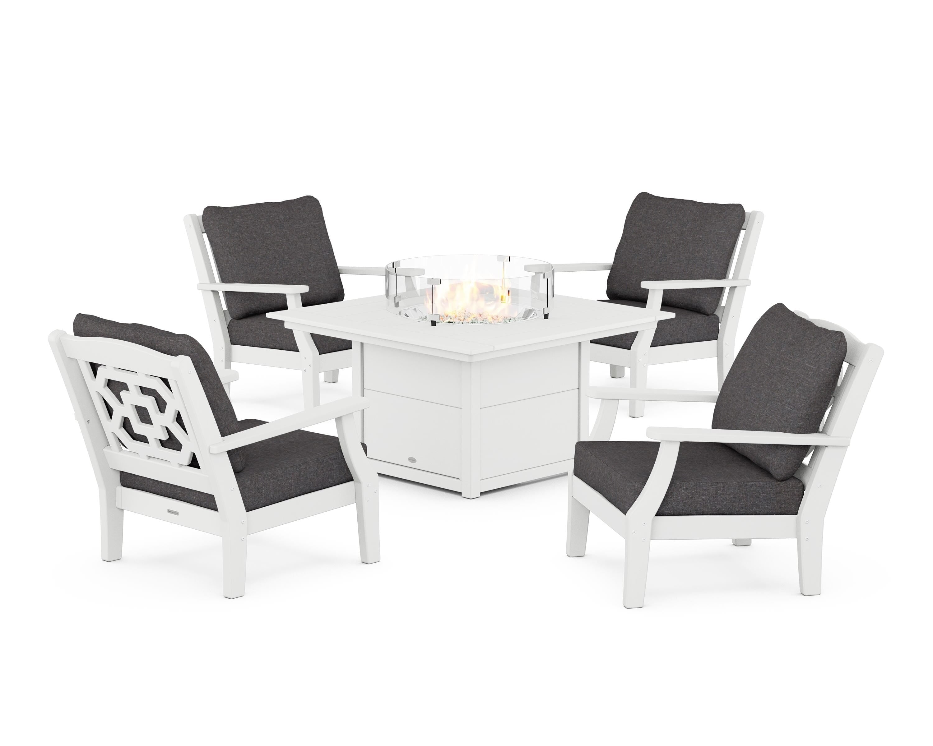 Martha Stewart by POLYWOOD® Chinoiserie 5-Piece Deep Seating Set with Fire Pit Table in White / Ash Charcoal