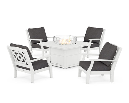 Martha Stewart by POLYWOOD® Chinoiserie 5-Piece Deep Seating Set with Fire Pit Table in White / Ash Charcoal