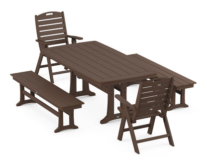 POLYWOOD® Nautical Folding Highback Chair 5-Piece Dining Set with Trestle Legs and Benches in Mahogany