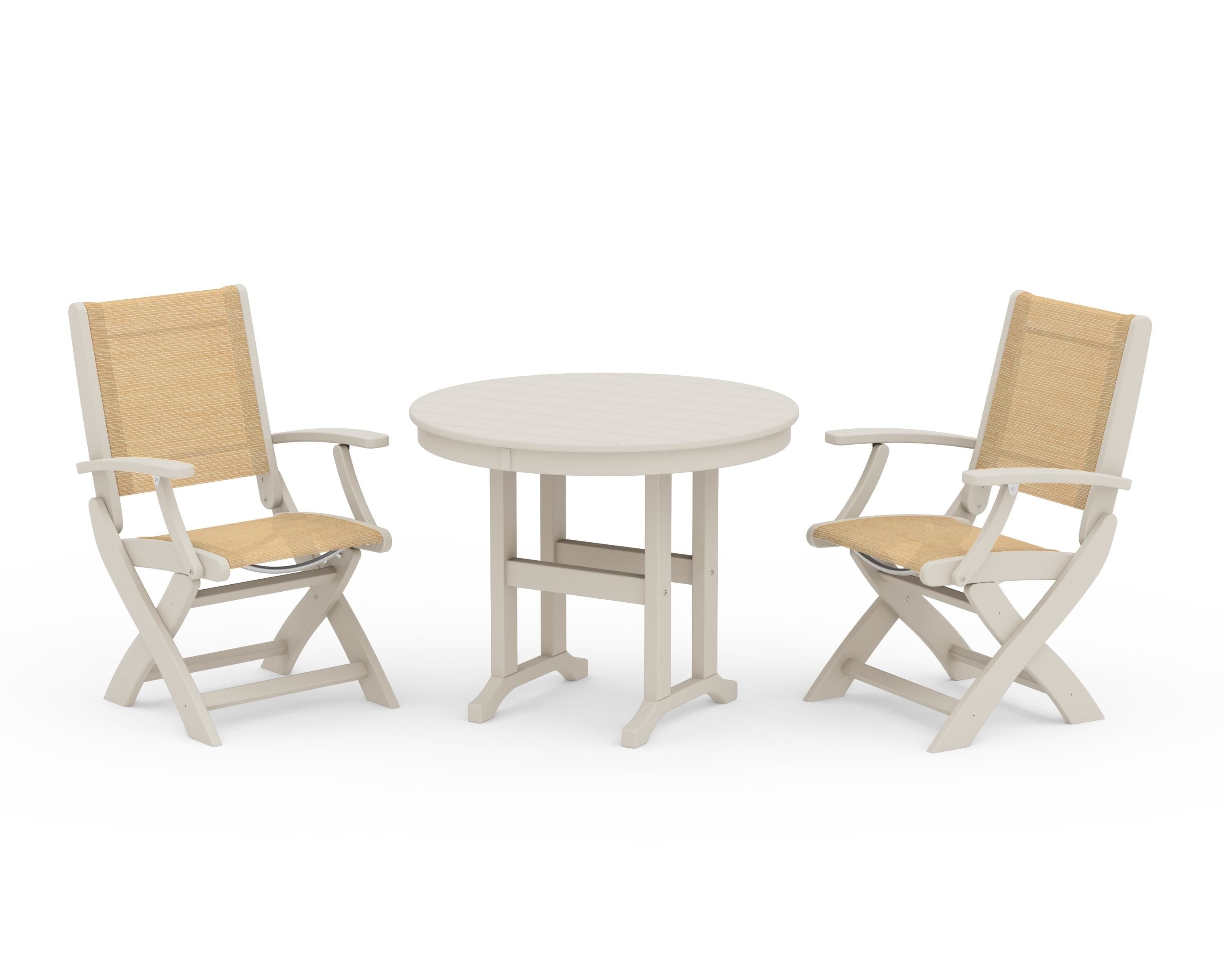 POLYWOOD® Coastal Folding Chair 3-Piece Round Dining Set in Sand / Dupioni Apricot Sling