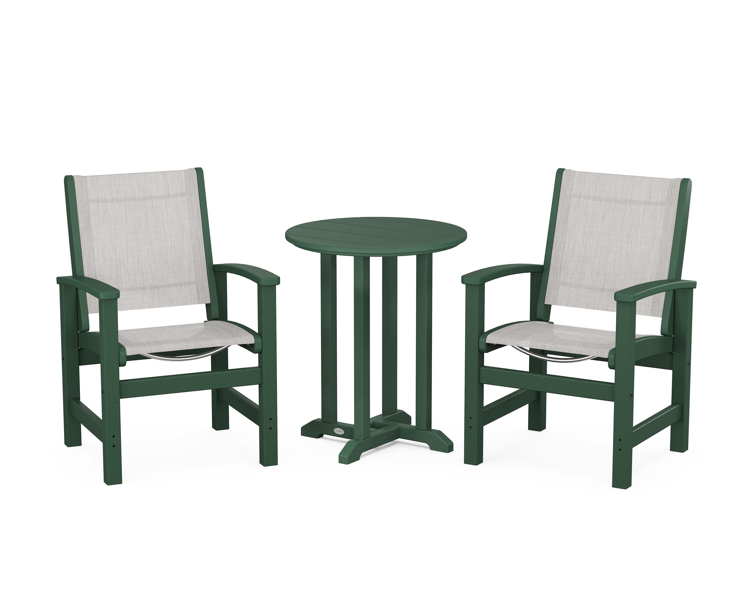 POLYWOOD® Coastal 3-Piece Round Bistro Dining Set in Green / Parchment Sling