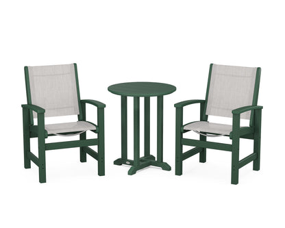 POLYWOOD® Coastal 3-Piece Round Bistro Dining Set in Green / Parchment Sling