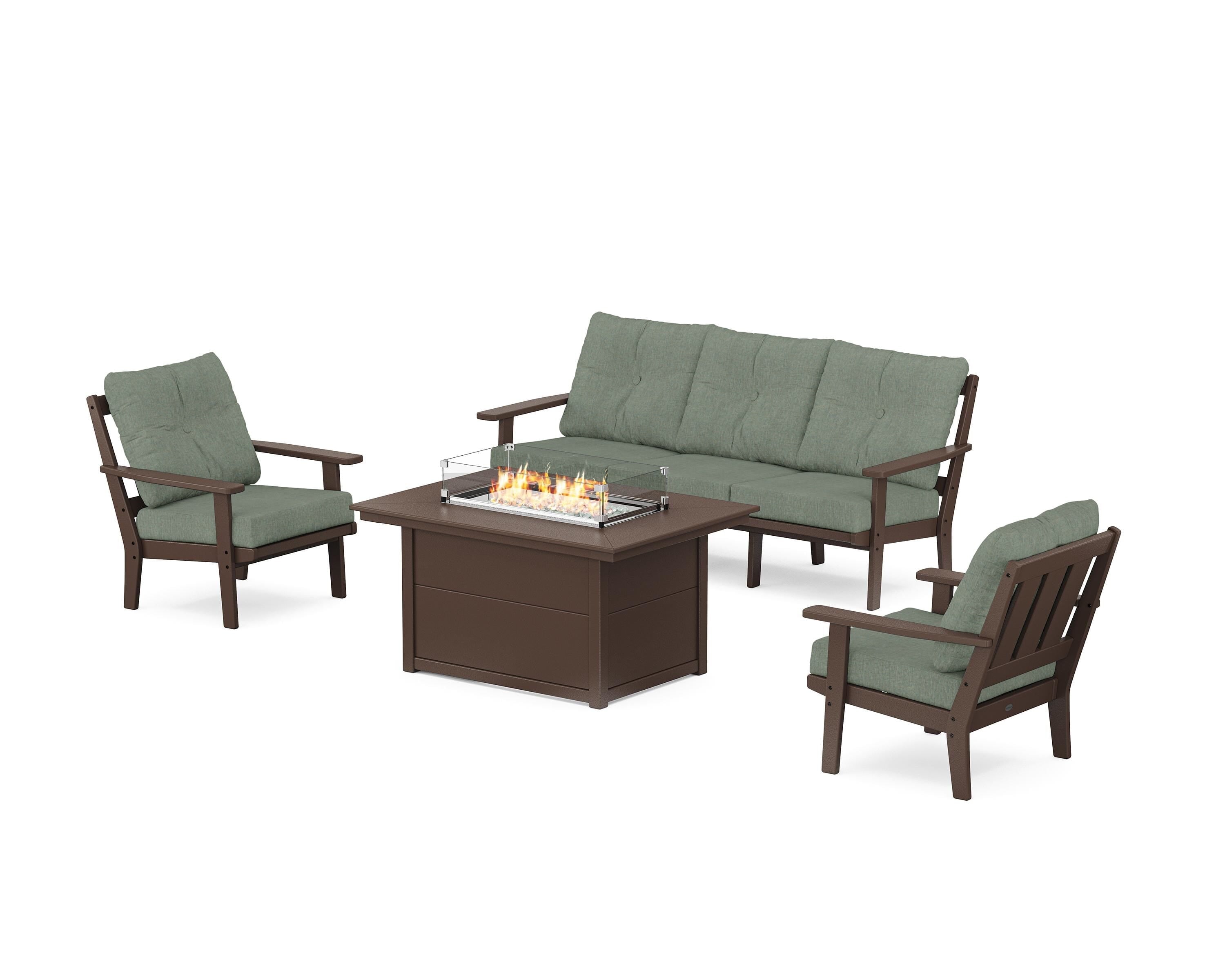 POLYWOOD® Oxford Deep Seating Fire Pit Table Set in Mahogany / Cast Sage