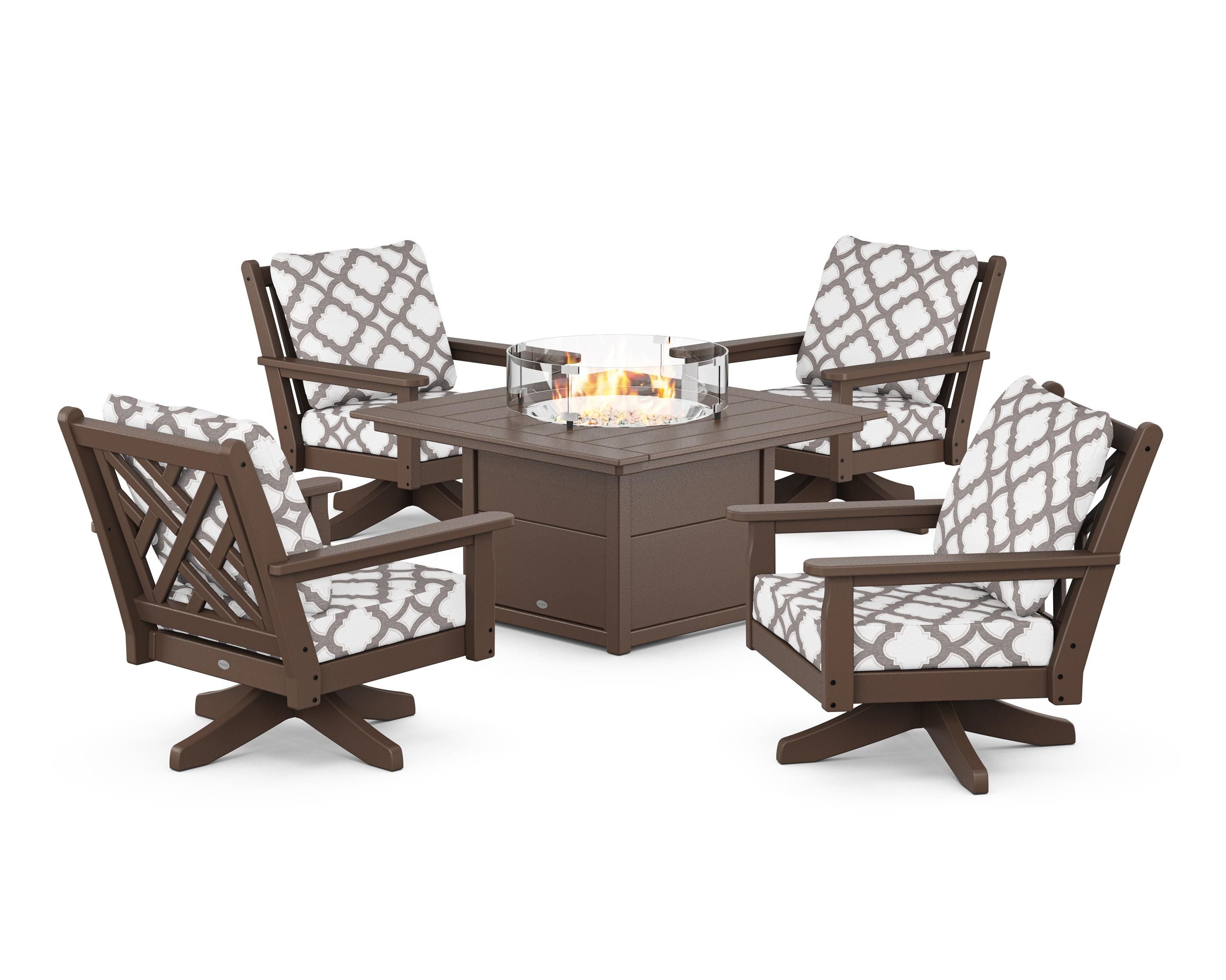 POLYWOOD® Chippendale 5-Piece Deep Seating Swivel Conversation Set with Fire Pit Table in Mahogany / Trellis Grey Mist