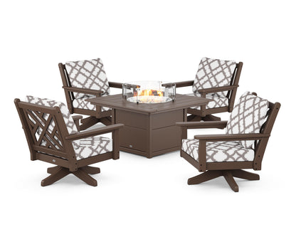 POLYWOOD® Chippendale 5-Piece Deep Seating Swivel Conversation Set with Fire Pit Table in Mahogany / Trellis Grey Mist