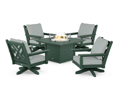 POLYWOOD® Chippendale 5-Piece Deep Seating Swivel Conversation Set with Fire Pit Table in Green / Spa