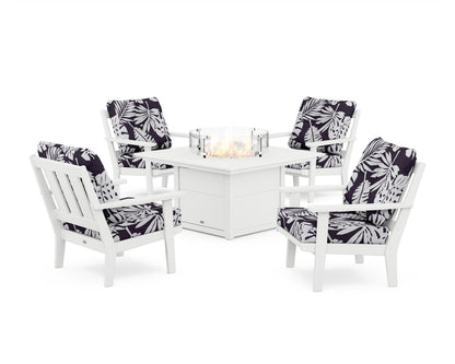 POLYWOOD® Oxford 5-Piece Deep Seating Set with Fire Pit Table in White / Leaf Navy