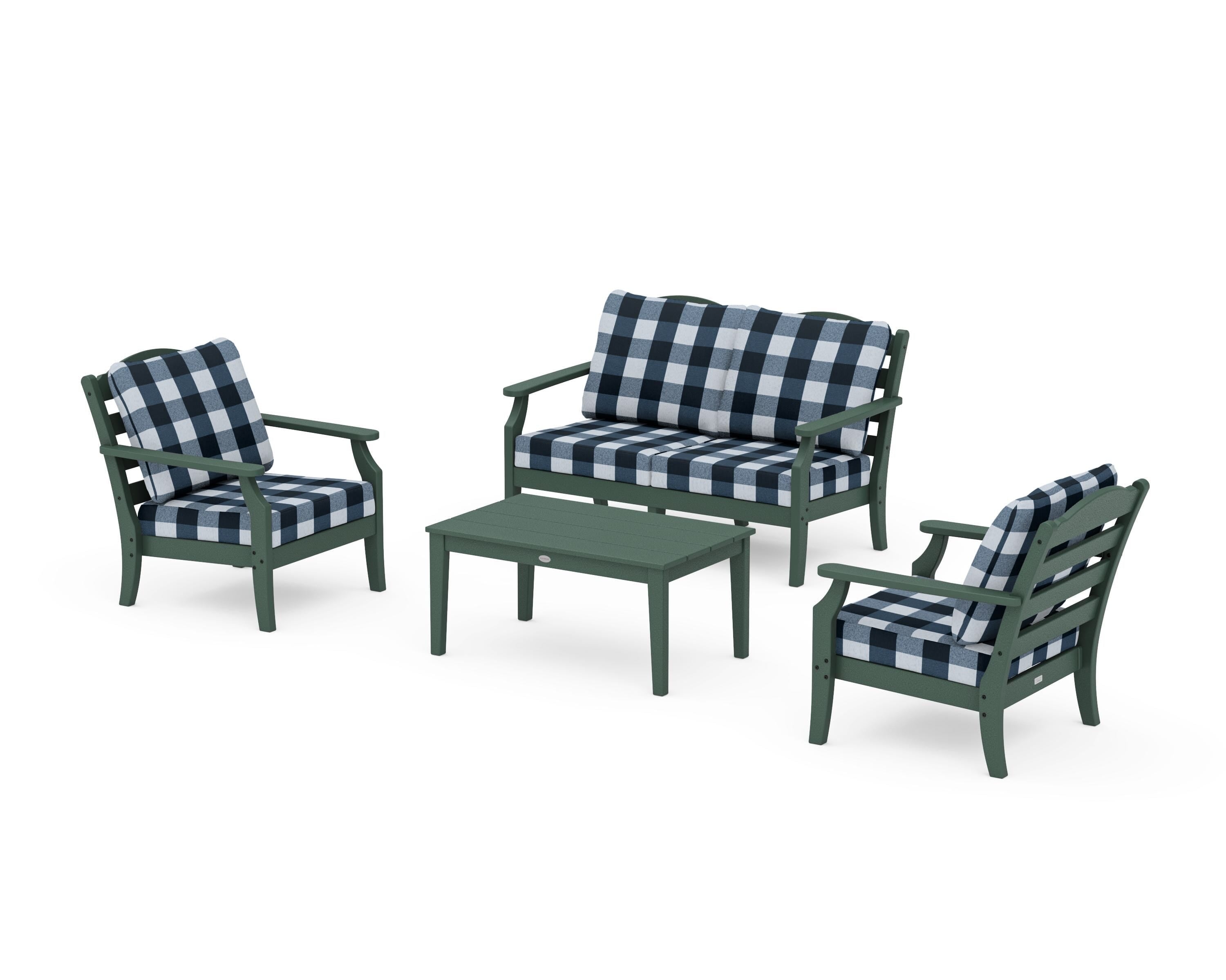 Draper James™ by  POLYWOOD® Savannah 4-Piece Deep Seating Set with Loveseat in Green / Buffalo Plaid Marine Indigo