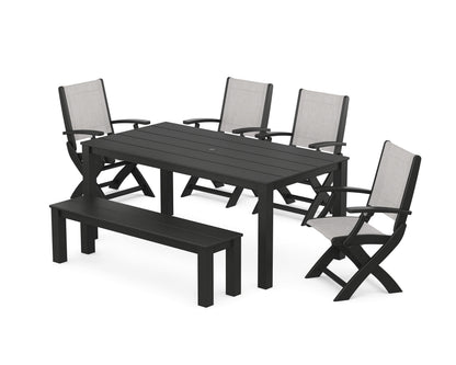 POLYWOOD® Coastal Folding Chair 6-Piece Parsons Dining Set with Bench in Black / Parchment Sling