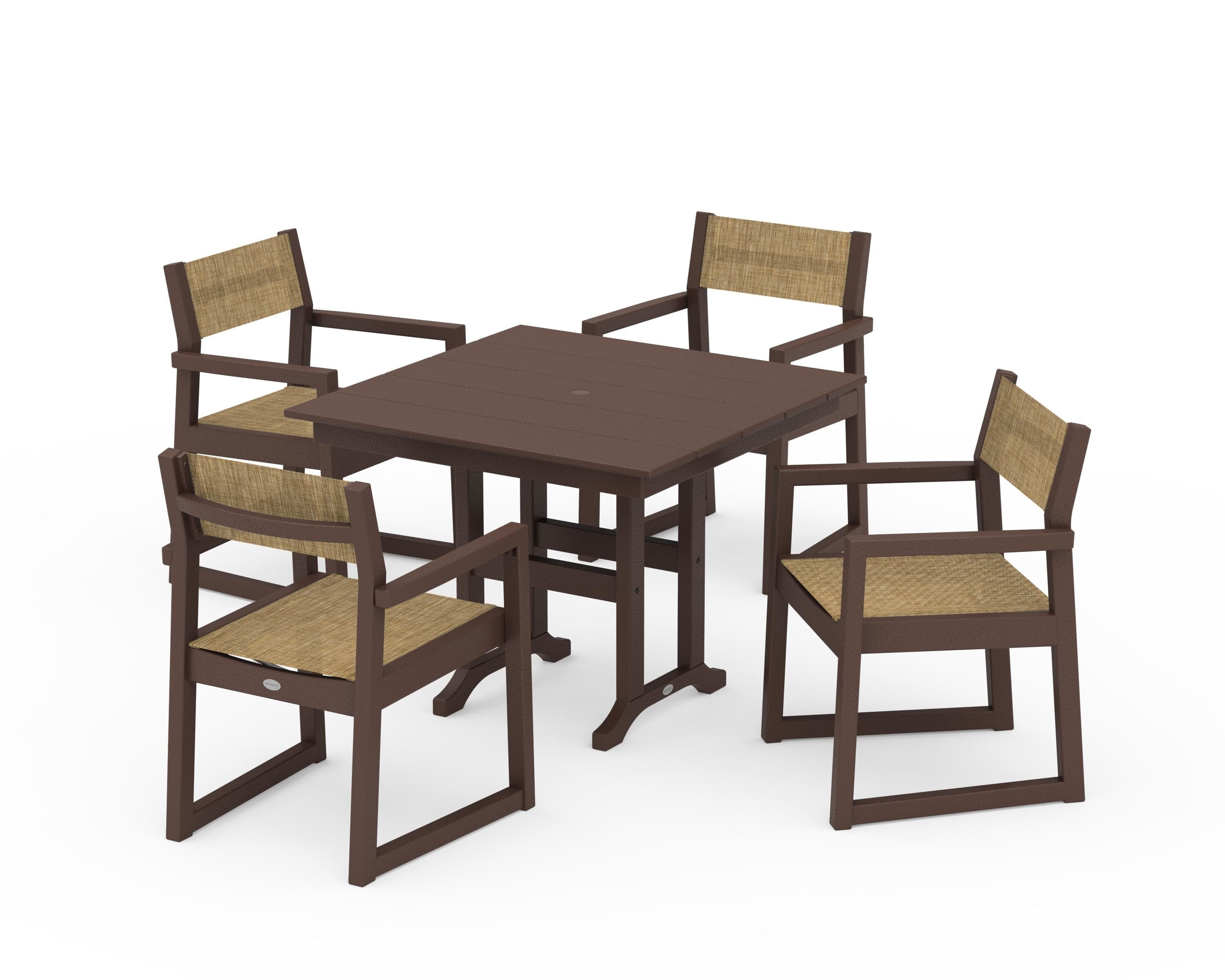 POLYWOOD® EDGE Sling Arm Chair 5-Piece Farmhouse Dining Set in Mahogany / Burlap Sling