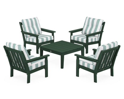 POLYWOOD® Vineyard 5-Piece Deep Seating Conversation Set in Green / Cabana Stripe Glacier Spa