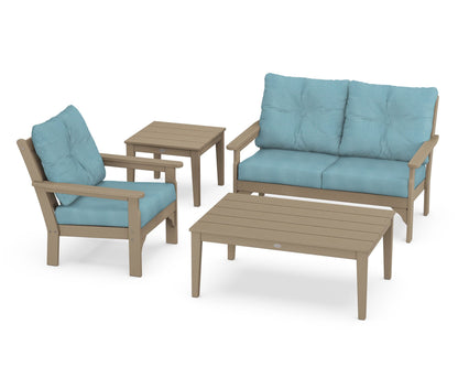 POLYWOOD® Vineyard 4-Piece Deep Seating Set in Vintage Sahara / Lattice Sky Blue