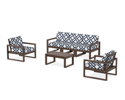 POLYWOOD® EDGE Sectional 4-Piece Deep Seating Set with Sofa in Mahogany / Trellis Marine Indigo