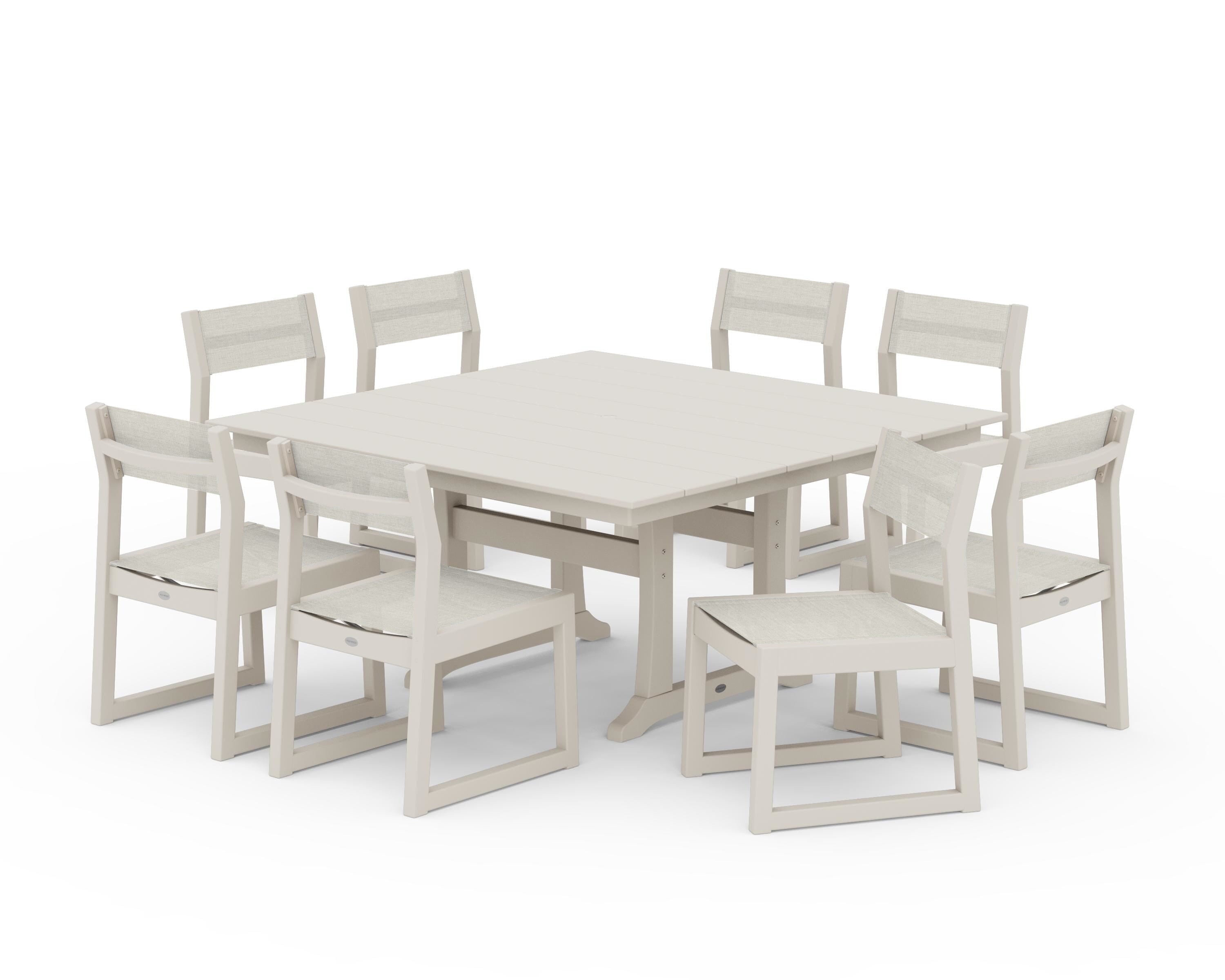 POLYWOOD® EDGE Sling Side Chair 9-Piece Farmhouse Trestle Dining Set in Sand / Parchment Sling