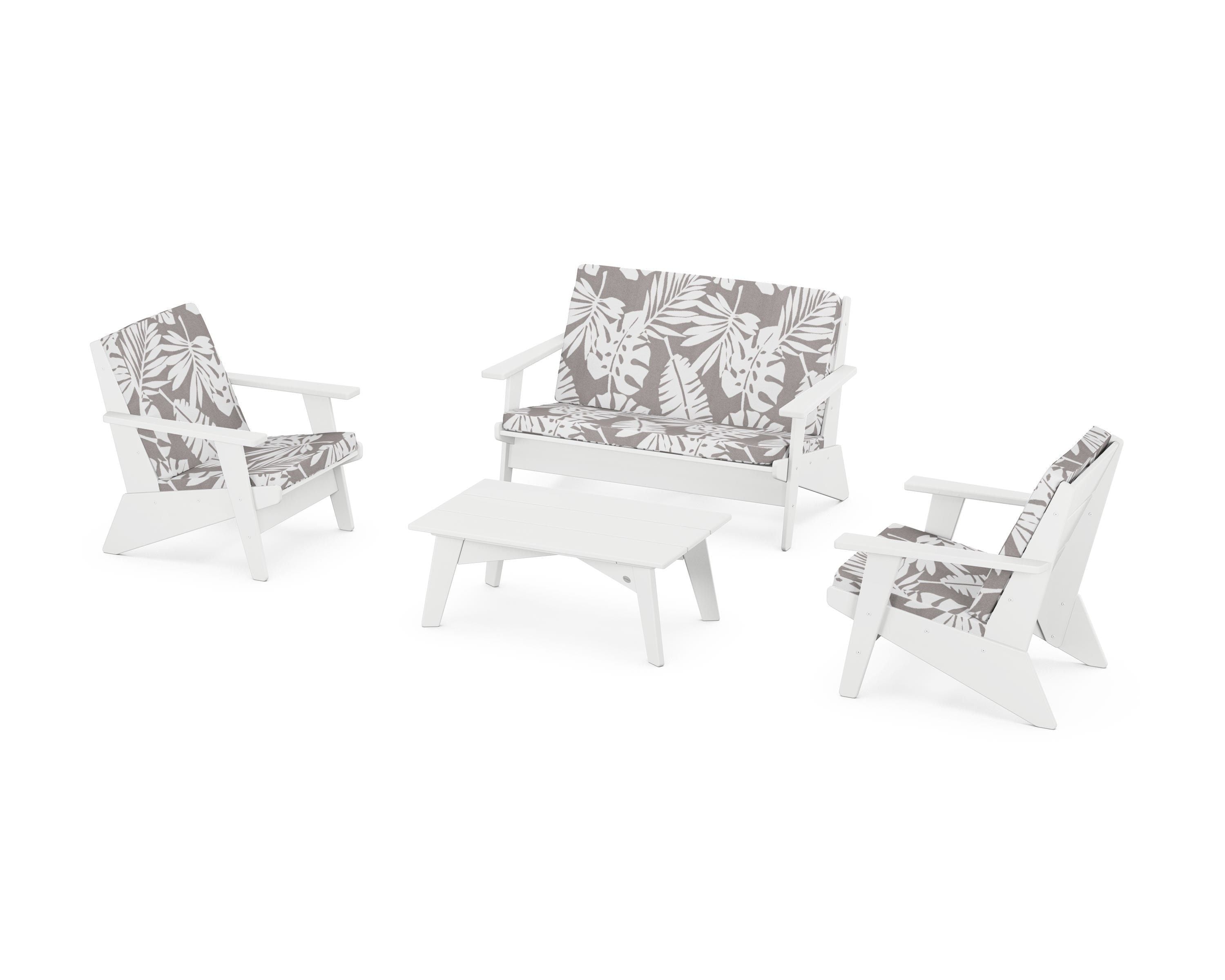 POLYWOOD® Riviera Modern Lounge 4-Piece Set in White / Leaf Grey Mist