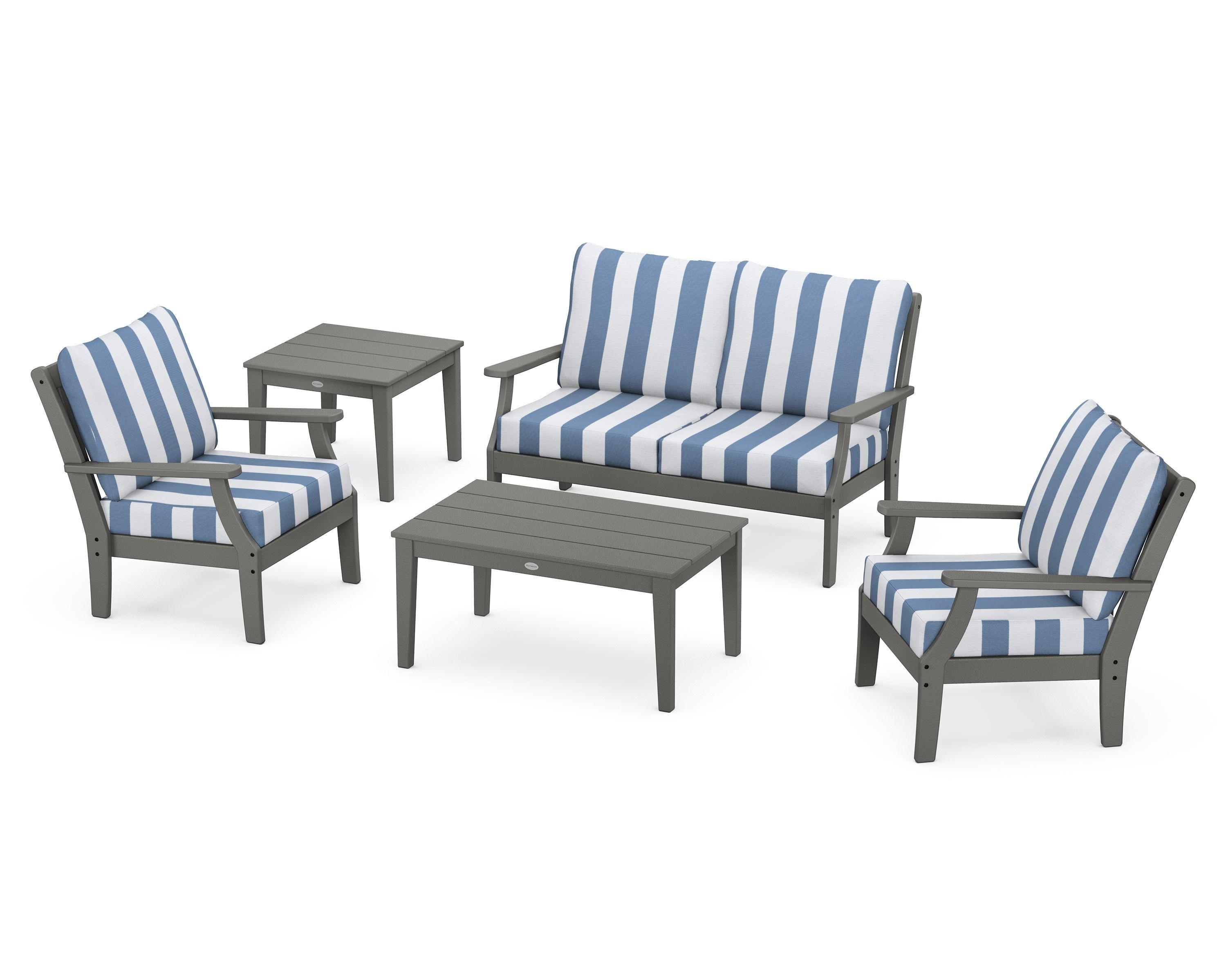 POLYWOOD® Braxton 5-Piece Deep Seating Set in Slate Grey / Cabana Stripe Sky Blue