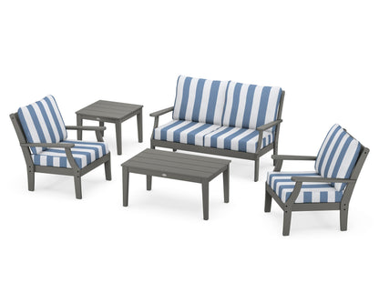 POLYWOOD® Braxton 5-Piece Deep Seating Set in Slate Grey / Cabana Stripe Sky Blue