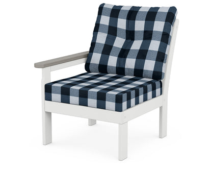POLYWOOD® Vineyard Modular Left Arm Chair in White / Driftwood / Buffalo Plaid Marine Indigo