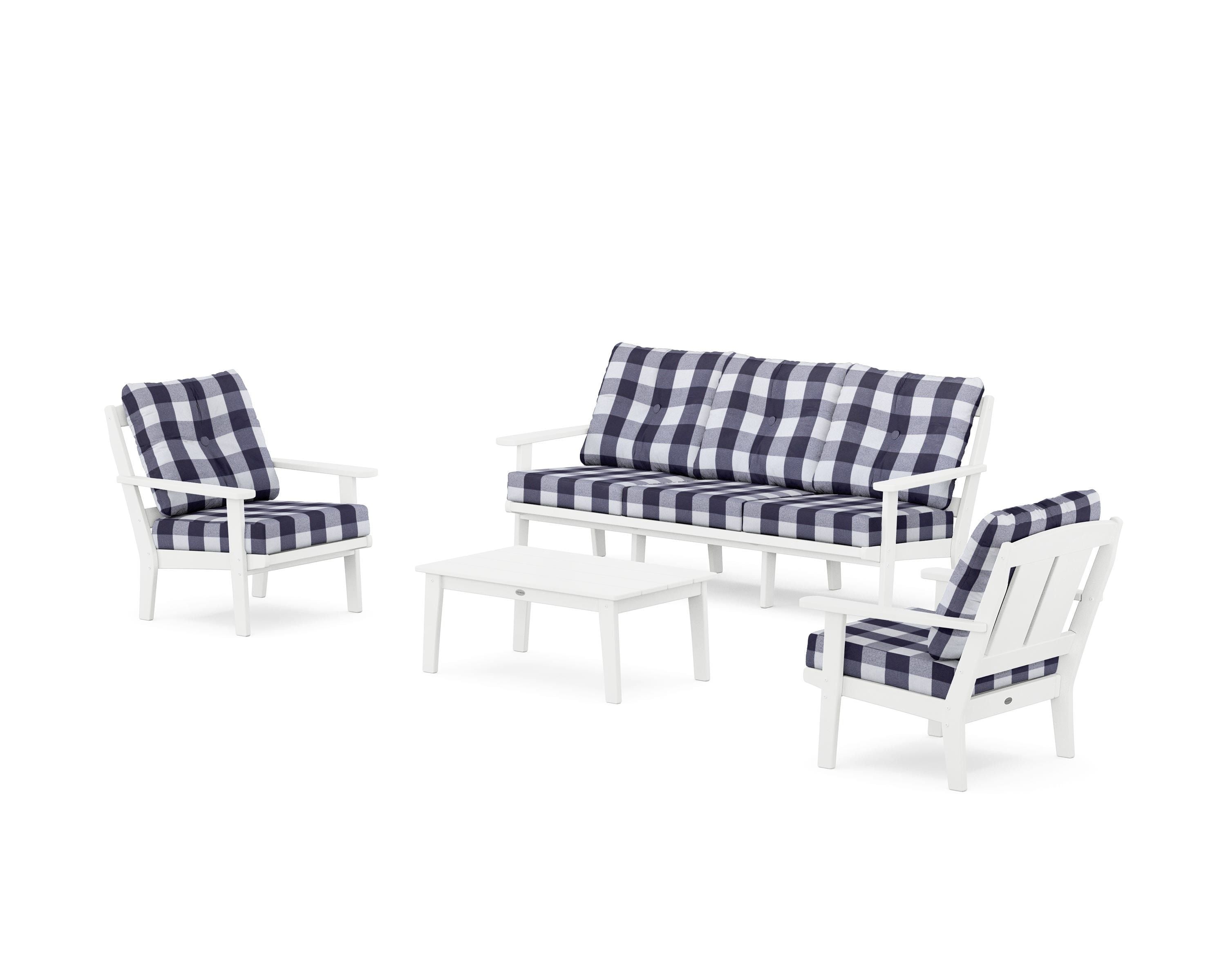POLYWOOD® Mission 4-Piece Deep Seating Set with Sofa in White / Buffalo Plaid Navy