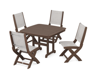 POLYWOOD® Coastal Folding Side Chair 5-Piece Dining Set in Mahogany / Parchment Sling