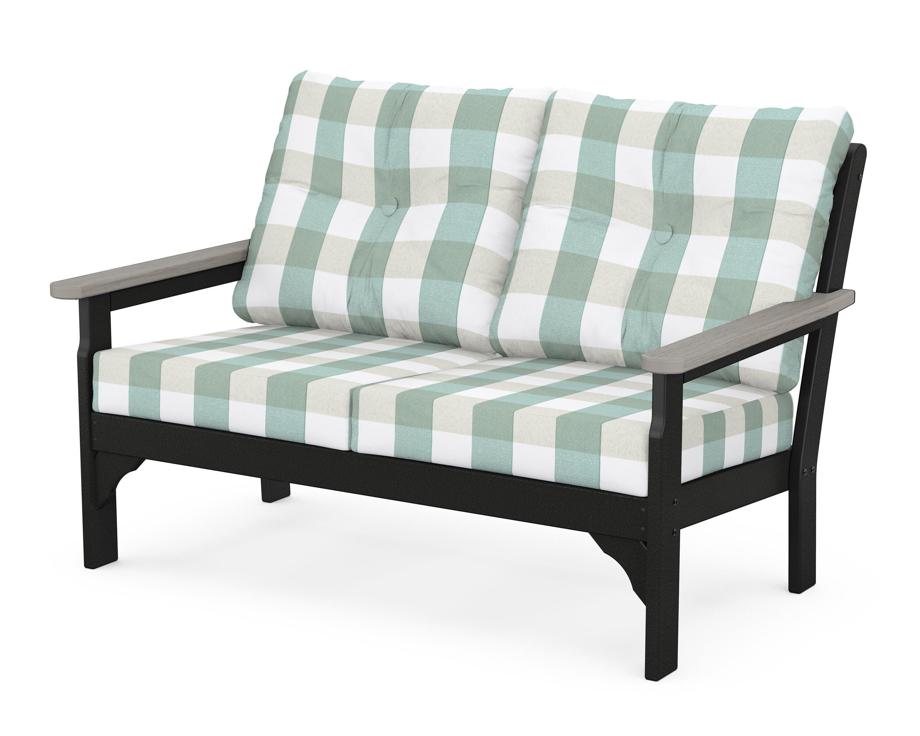 POLYWOOD® Vineyard Deep Seating Loveseat in Black / Driftwood / Buffalo Plaid Glacier Spa