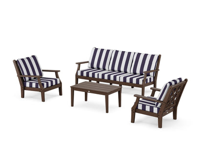 Country Living Wovendale 4-Piece Deep Seating Set with Sofa in Mahogany / Cabana Stripe Navy