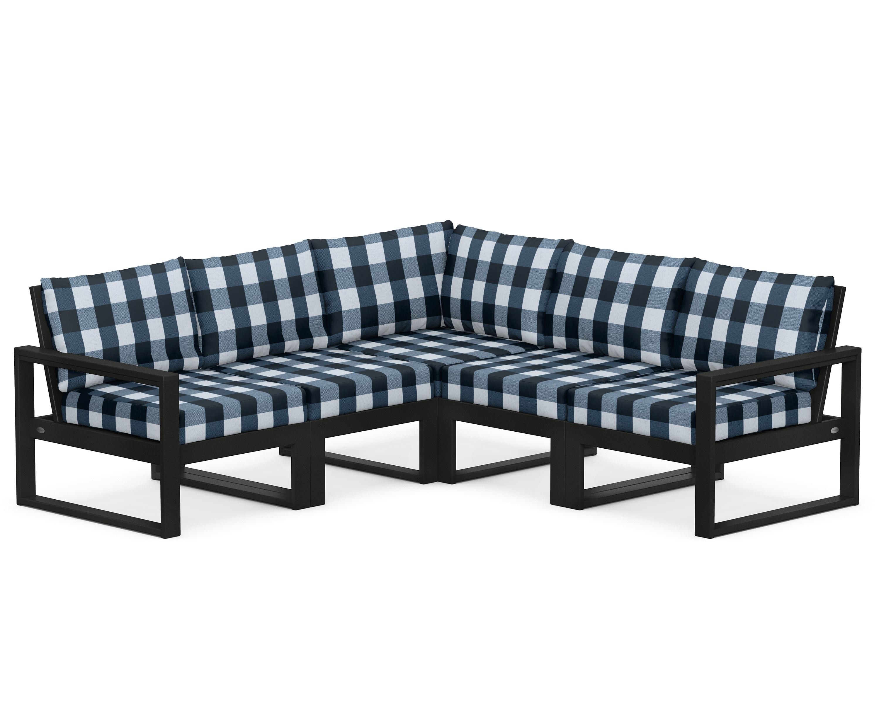 POLYWOOD® EDGE 5-Piece Modular Deep Seating Set in Black / Buffalo Plaid Marine Indigo