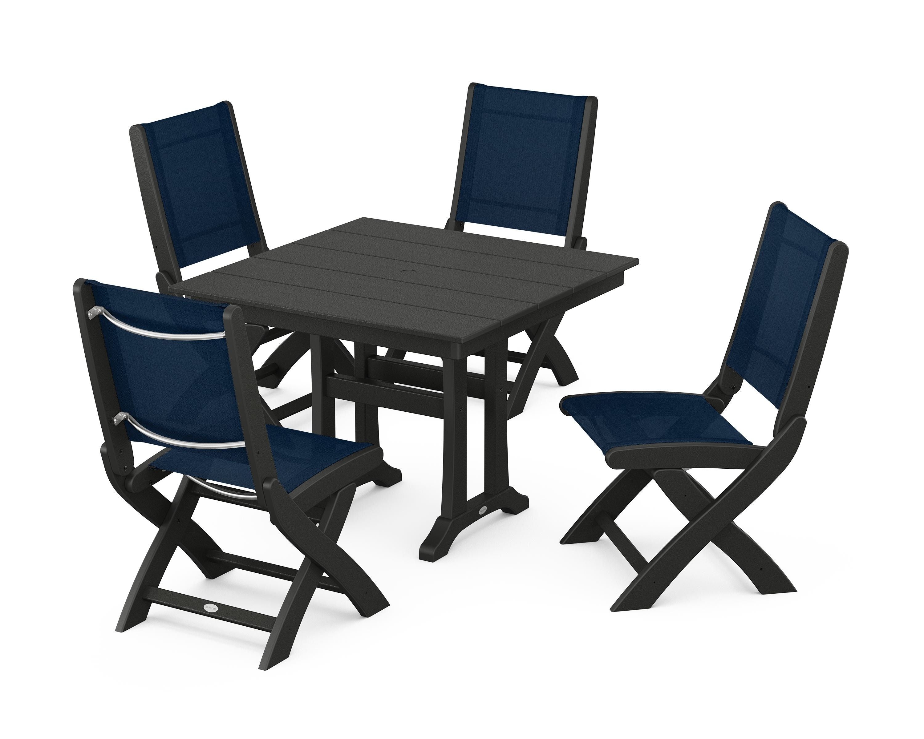 POLYWOOD® Coastal Folding Side Chair 5-Piece Farmhouse Dining Set With Trestle Legs in Black / Navy Blue Sling