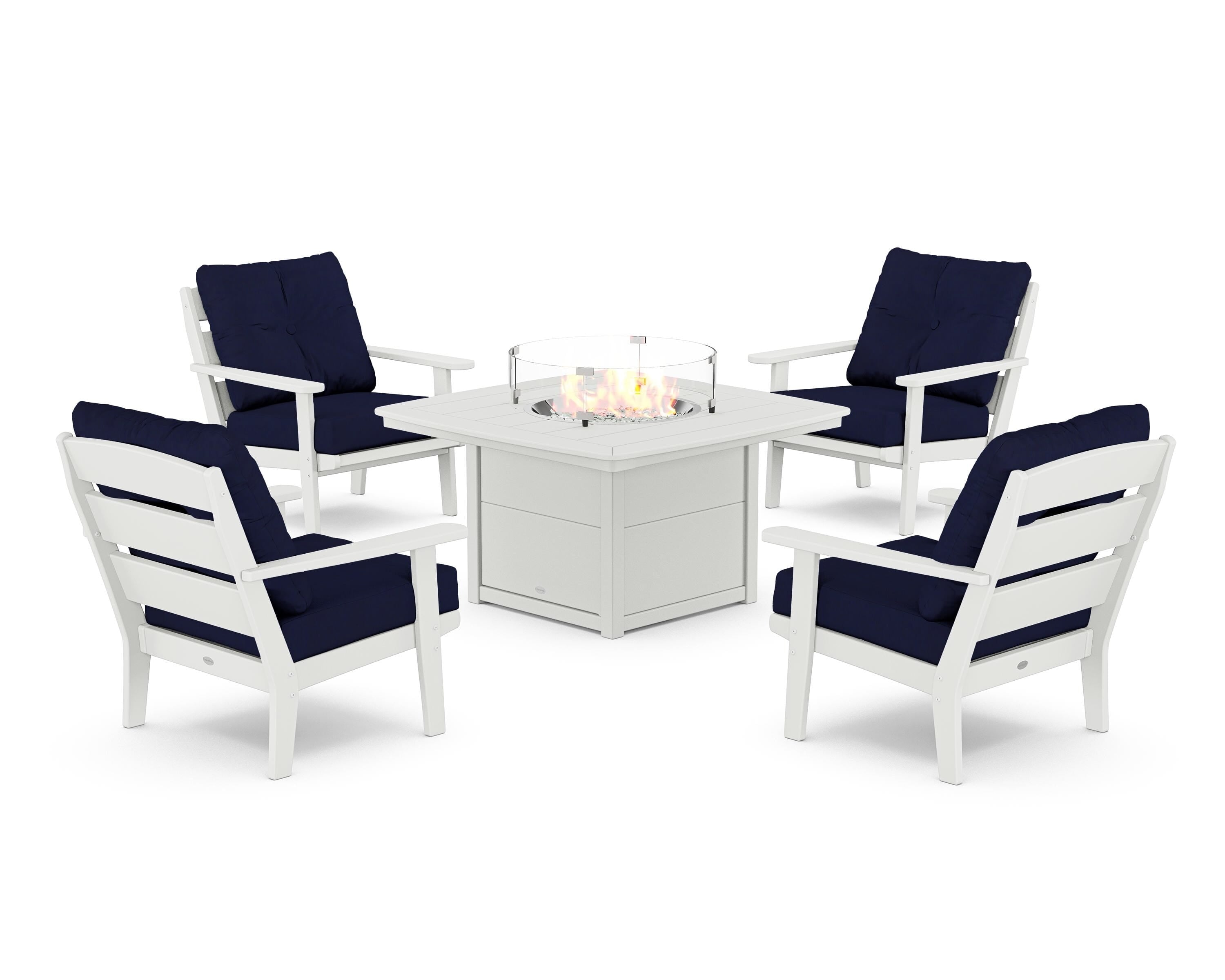 POLYWOOD® Lakeside 5-Piece Deep Seating Set with Nautical Fire Pit Table in White / Navy